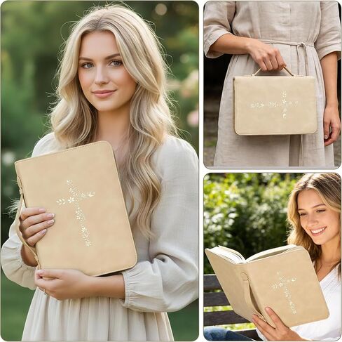 غطاء الكتاب المقدس للنساء، حقيبة كبيرة للكتاب المقدس مع حزام كتف - حقيبة حمل متينة من جلد البولي يوريثان، هدايا مسيحية للنساء والفتيات والمراهقين (بيج/ذهبي) in Kuwait