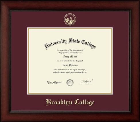 Brooklyn College 11"w x 8.5"h Diploma Frame - Fits An Associate's, bachelor's and master's - Gold Embossed Diploma Frame - Cherry Moulding with Maroon and Gold Matting - Officially Licensed in Saudi Arabia