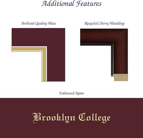 Brooklyn College 11"w x 8.5"h Diploma Frame - Fits An Associate's, bachelor's and master's - Gold Embossed Diploma Frame - Cherry Moulding with Maroon and Gold Matting - Officially Licensed in Saudi Arabia