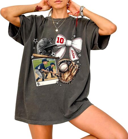 Custom Baseball Mom Shirt with Photo Insert, Personalized Baseball Graphic Tee for Women, Coquette Bow Helmet Glove Design, Sports Mom Gift with Custom Name and Number in Saudi Arabia