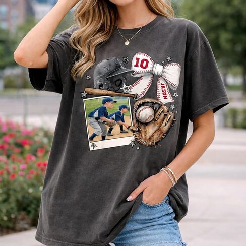 Custom Baseball Mom Shirt with Photo Insert, Personalized Baseball Graphic Tee for Women, Coquette Bow Helmet Glove Design, Sports Mom Gift with Custom Name and Number in Saudi Arabia