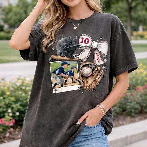 Custom Baseball Mom Shirt with Photo Insert, Personalized Baseball Graphic Tee for Women, Coquette Bow Helmet Glove Design, Sports Mom Gift with Custom Name and Number in Saudi Arabia