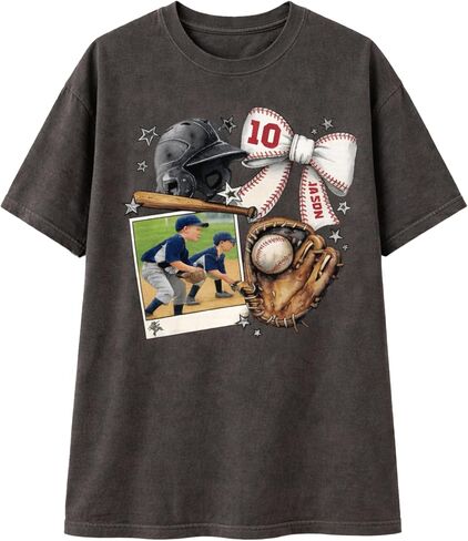 Custom Baseball Mom Shirt with Photo Insert, Personalized Baseball Graphic Tee for Women, Coquette Bow Helmet Glove Design, Sports Mom Gift with Custom Name and Number in Saudi Arabia