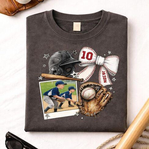 Custom Baseball Mom Shirt with Photo Insert, Personalized Baseball Graphic Tee for Women, Coquette Bow Helmet Glove Design, Sports Mom Gift with Custom Name and Number in Saudi Arabia