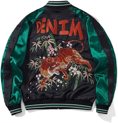 Tiger Embroidery Men's Bomber Jacket Japanese Style Hip Hop Streetwear Oversized Full-Zip Stand Collar Windbreaker in Kuwait