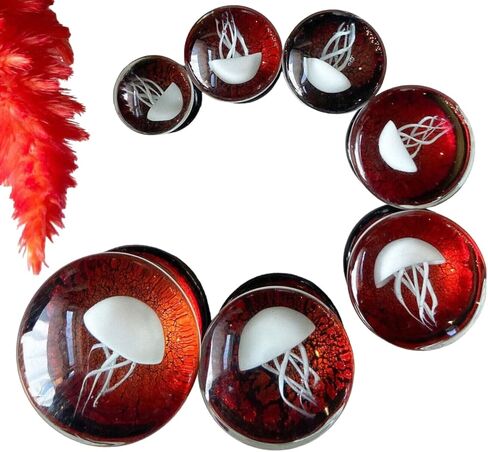 PAIR of White Jellyfish Red Background Glass Double Flare Plugs Tunnel Gauges - Body Jewelry in Saudi Arabia