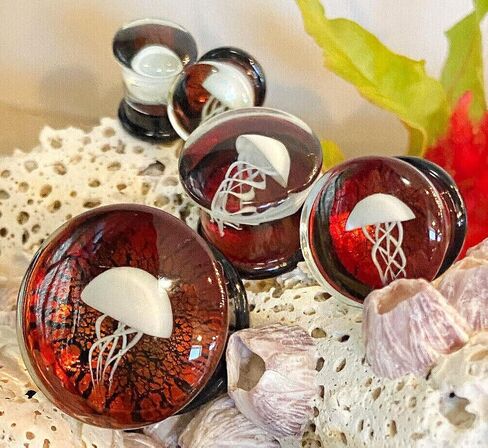 PAIR of White Jellyfish Red Background Glass Double Flare Plugs Tunnel Gauges - Body Jewelry in Saudi Arabia