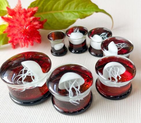 PAIR of White Jellyfish Red Background Glass Double Flare Plugs Tunnel Gauges - Body Jewelry in Saudi Arabia