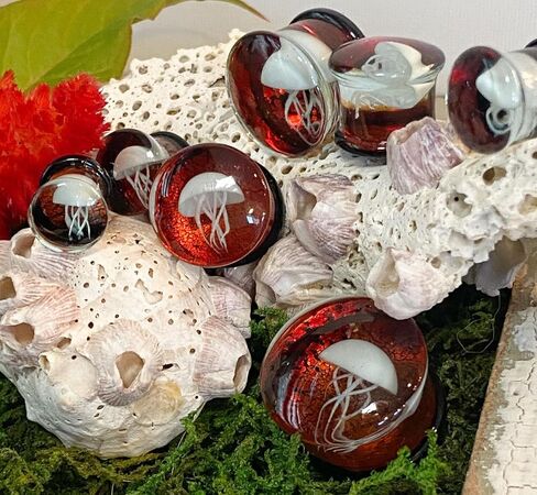 PAIR of White Jellyfish Red Background Glass Double Flare Plugs Tunnel Gauges - Body Jewelry in Saudi Arabia