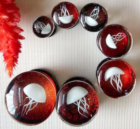 PAIR of White Jellyfish Red Background Glass Double Flare Plugs Tunnel Gauges - Body Jewelry in Saudi Arabia