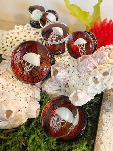 PAIR of White Jellyfish Red Background Glass Double Flare Plugs Tunnel Gauges - Body Jewelry in Saudi Arabia
