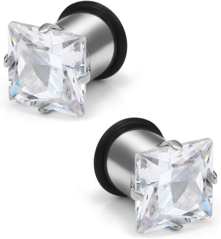 Ruifan 316L Surgical Steel Single Flare Prong Set Clear Square CZ Ear Stretcher Expander Plugs Piercing Gauge with O-Ring 8G-12mm in Saudi Arabia