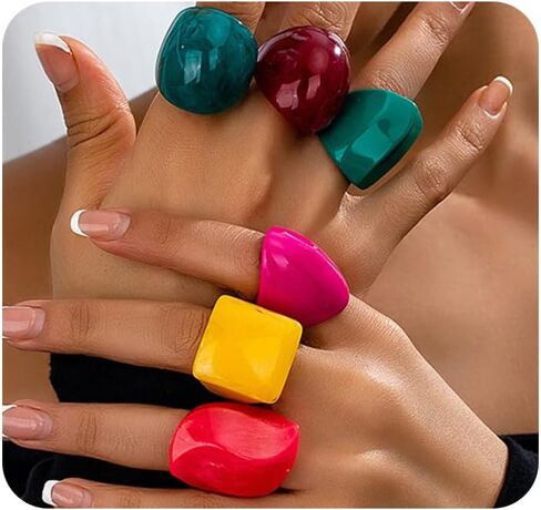Chunky Colorful Acrylic Resin Rings for Women,Y2k Thick Large Knuckle Ring Set,Trendy Statement Stackable Dome Ring Pack in Kuwait