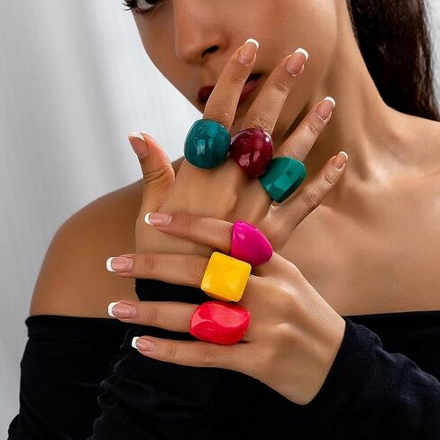 Chunky Colorful Acrylic Resin Rings for Women,Y2k Thick Large Knuckle Ring Set,Trendy Statement Stackable Dome Ring Pack in Kuwait