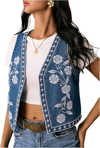 GORGLITTER Women's Floral Embroidered Jean Vest Top Y2k Sleeveless Open Front Boho Western Denim Outerwear in Saudi Arabia