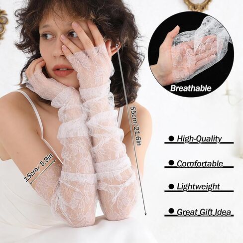 Lace Long Gloves, Floral Sheer Sleeves, Ruched Elbow Length Fingerless Bridal Wedding Gloves for Women Girls Wedding Tea Party Engagement Dance Party(White) in Kuwait