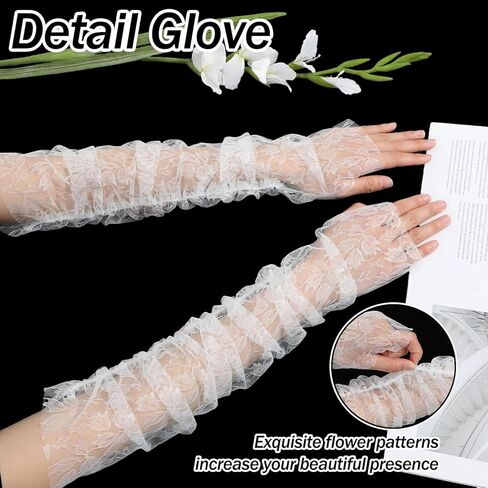 Lace Long Gloves, Floral Sheer Sleeves, Ruched Elbow Length Fingerless Bridal Wedding Gloves for Women Girls Wedding Tea Party Engagement Dance Party(White) in Kuwait