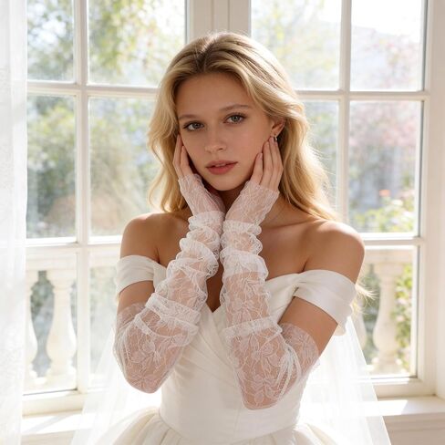 Lace Long Gloves, Floral Sheer Sleeves, Ruched Elbow Length Fingerless Bridal Wedding Gloves for Women Girls Wedding Tea Party Engagement Dance Party(White) in Kuwait