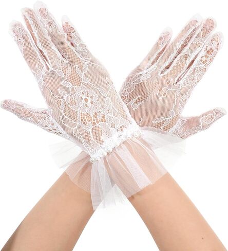 Short Lace Gloves with Pearls, Women’s Vintage Elegant Tulle Border Mesh Gloves for Wedding Tea Party Opera Evening, 1920s Bridal Fingerless Mittens in Saudi Arabia