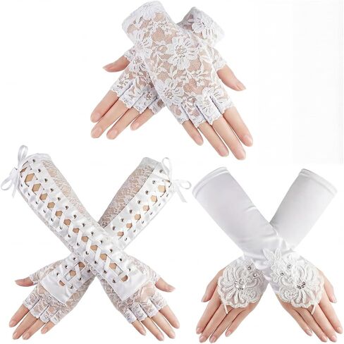 SATINIOR 3 Pairs Women Wedding Gloves White Vintage Lace Fingerless Glove Bridal Wedding Tea Party Prom Decor Cosplay 1920s 1980s Retro Classic Costume Accessories Women's Evening Lace-up Arm Warmer in Saudi Arabia