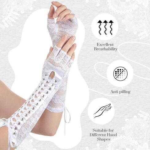 SATINIOR 3 Pairs Women Wedding Gloves White Vintage Lace Fingerless Glove Bridal Wedding Tea Party Prom Decor Cosplay 1920s 1980s Retro Classic Costume Accessories Women's Evening Lace-up Arm Warmer in Saudi Arabia