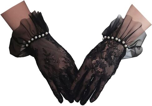 قفازات نسائية للعرائس معصم مكشكش مع دانتيل لؤلؤي قصير لحفلات الزفاف والسهرات وحفلات التخرج والشاي أوبرا in Kuwait