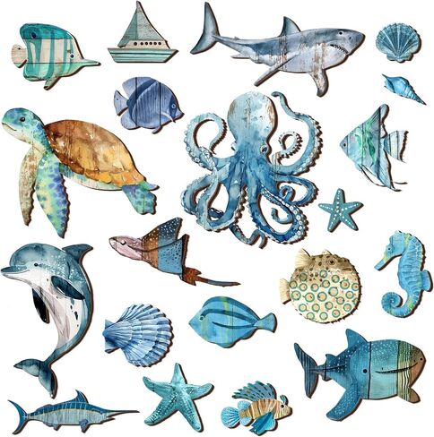 Wesiti 20 Pcs Wooden Fish Wall Decor Beach Decoration Coastal Wall Art Nautical Fish Turtle Seahorse Ocean Walls Art Sea Life Themed Beach Decor for Home Vintage Ornament for Home Bedroom Decoration in Saudi Arabia