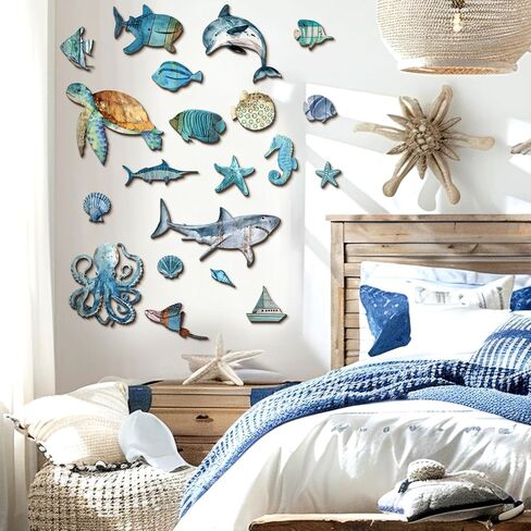 Wesiti 20 Pcs Wooden Fish Wall Decor Beach Decoration Coastal Wall Art Nautical Fish Turtle Seahorse Ocean Walls Art Sea Life Themed Beach Decor for Home Vintage Ornament for Home Bedroom Decoration in Saudi Arabia