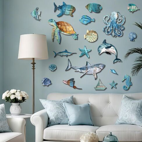 Wesiti 20 Pcs Wooden Fish Wall Decor Beach Decoration Coastal Wall Art Nautical Fish Turtle Seahorse Ocean Walls Art Sea Life Themed Beach Decor for Home Vintage Ornament for Home Bedroom Decoration in Saudi Arabia