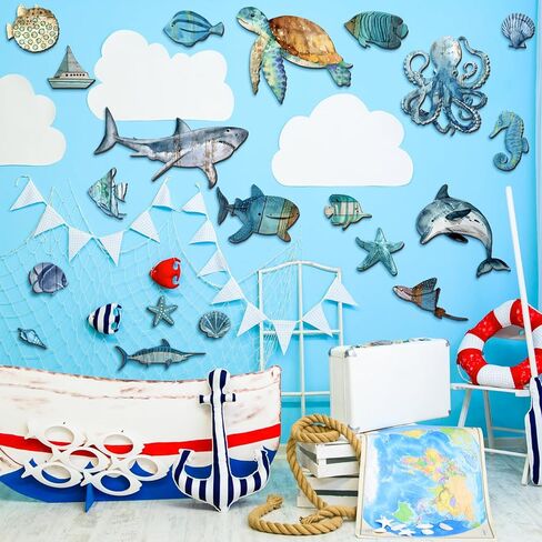 Wesiti 20 Pcs Wooden Fish Wall Decor Beach Decoration Coastal Wall Art Nautical Fish Turtle Seahorse Ocean Walls Art Sea Life Themed Beach Decor for Home Vintage Ornament for Home Bedroom Decoration in Saudi Arabia