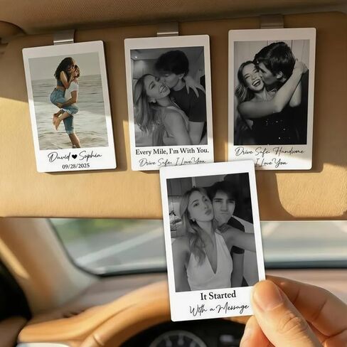 مشبك قناع للسيارة بصور كرتونية مخصصة، حامل صور أكريليك شخصي مع نص، هدية فريدة وآمنة للأزواج أو الزوج أو الزوجة 2 in Kuwait