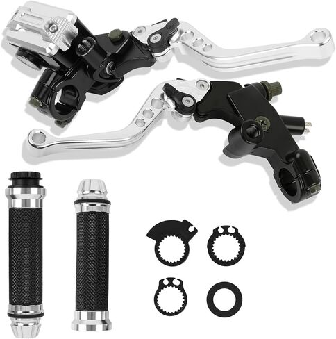 DREAMIZER Universal 7/8" 22mm Motorcycle Handlebar Brake Master Cylinder Clutch Levers CNC Left & Right Set + Hand Grips Compatible with Harley Honda Kawasaki Yamaha Suzuki (Silver) in Saudi Arabia