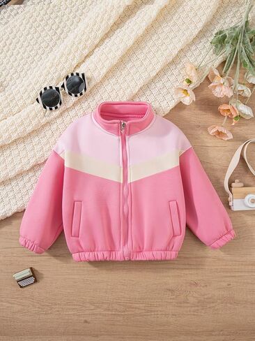Girls Stand-Up Collar Colorblock Jacket, Full Zip with Pockets, Long Sleeves Polyester Coat in Saudi Arabia