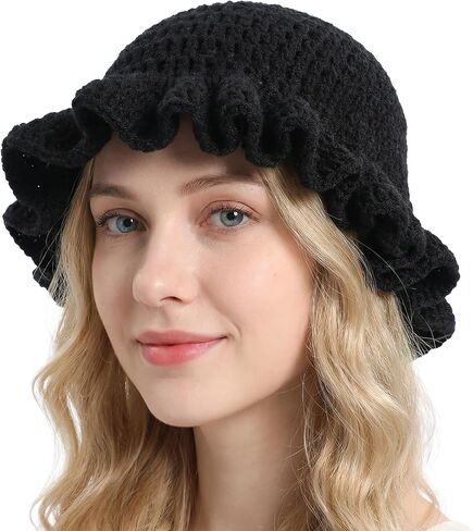 Black Crochet Bucket Hat, Handmade Crochet Hats for Women with Ruffled Edges, Foldable Bohemian Style Knit Floppy Cap, Suitable for Travel and Everyday Wear in Saudi Arabia