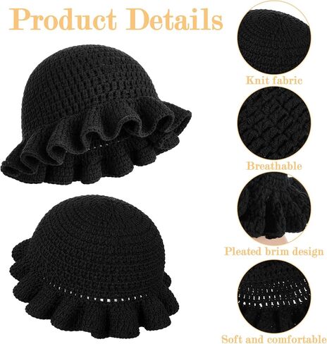 Black Crochet Bucket Hat, Handmade Crochet Hats for Women with Ruffled Edges, Foldable Bohemian Style Knit Floppy Cap, Suitable for Travel and Everyday Wear in Saudi Arabia