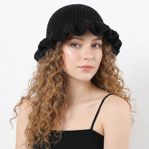 Black Crochet Bucket Hat, Handmade Crochet Hats for Women with Ruffled Edges, Foldable Bohemian Style Knit Floppy Cap, Suitable for Travel and Everyday Wear in Saudi Arabia