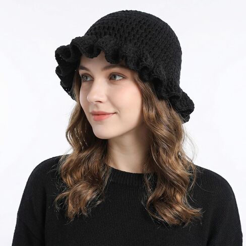 Black Crochet Bucket Hat, Handmade Crochet Hats for Women with Ruffled Edges, Foldable Bohemian Style Knit Floppy Cap, Suitable for Travel and Everyday Wear in Saudi Arabia