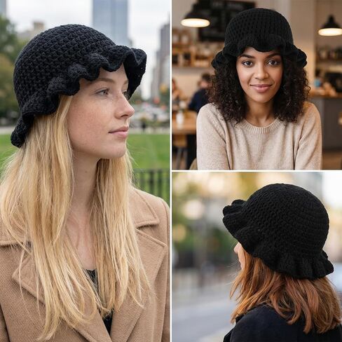 Black Crochet Bucket Hat, Handmade Crochet Hats for Women with Ruffled Edges, Foldable Bohemian Style Knit Floppy Cap, Suitable for Travel and Everyday Wear in Saudi Arabia