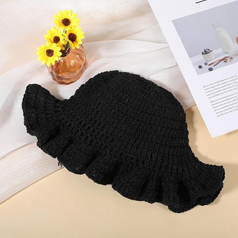 Black Crochet Bucket Hat, Handmade Crochet Hats for Women with Ruffled Edges, Foldable Bohemian Style Knit Floppy Cap, Suitable for Travel and Everyday Wear in Saudi Arabia