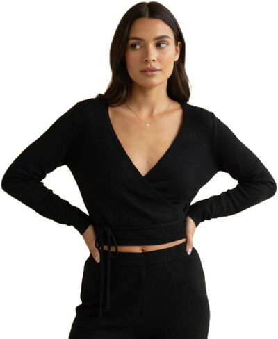 سترة باليه ملفوفة من الكشمير بنسبة 100% برقبة على شكل حرف V للنساء - أكمام طويلة ورباط أمامي قابل للتعديل، نسيج ناعم خفيف الوزن، طبقة علوية in Kuwait