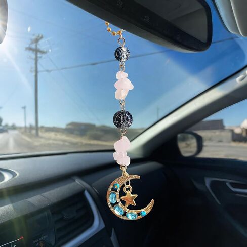 Sun Moon Car Charm Hanging, Boho Dangling Automotive Decor-Rear View Mirror Decoration with Handmade Healing Crystals Stones, Cute Interior Ornament Car Accessories in Kuwait