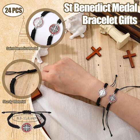 24 Sets St Benedict Bracelets Gifts for Woman Catholic Rosary Adjustable String Bracelet with Medal Prayer Cards Catholic Gift for Birthday Baptism First Holy Communion Confirmation in Saudi Arabia