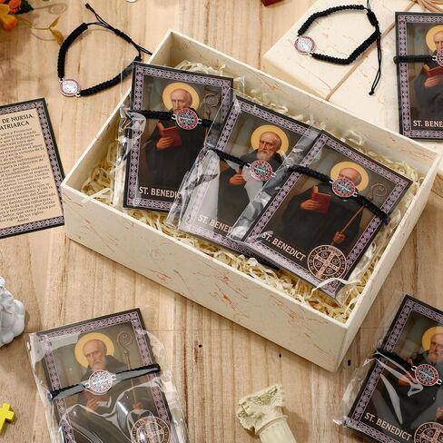 24 Sets St Benedict Bracelets Gifts for Woman Catholic Rosary Adjustable String Bracelet with Medal Prayer Cards Catholic Gift for Birthday Baptism First Holy Communion Confirmation in Saudi Arabia