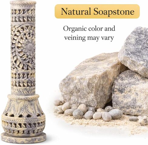 Carry Me Marble Soapstone Incense Stick Holder | Candle Burner | Tea Light Stand - Perfect Handmade Bottle Tower. Decorative Floral Carving for Gifting - Home and Office Decor - (2.5x2.5x10 Inches) in Kuwait