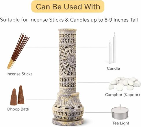 Carry Me Marble Soapstone Incense Stick Holder | Candle Burner | Tea Light Stand - Perfect Handmade Bottle Tower. Decorative Floral Carving for Gifting - Home and Office Decor - (2.5x2.5x10 Inches) in Kuwait