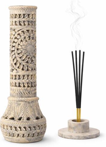 Carry Me Marble Soapstone Incense Stick Holder | Candle Burner | Tea Light Stand - Perfect Handmade Bottle Tower. Decorative Floral Carving for Gifting - Home and Office Decor - (2.5x2.5x10 Inches) in Kuwait