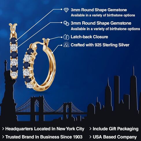 Gem Stone King 18K Yellow Gold Plated Silver Blue Sapphire and Lab Grown Diamond Hoop Earrings for Women | 1.56 Cttw | Gemstone September Birthstone | Round 3MM in Saudi Arabia