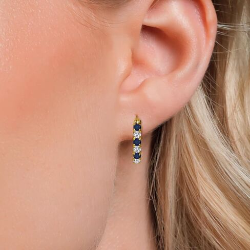 Gem Stone King 18K Yellow Gold Plated Silver Blue Sapphire and Lab Grown Diamond Hoop Earrings for Women | 1.56 Cttw | Gemstone September Birthstone | Round 3MM in Saudi Arabia