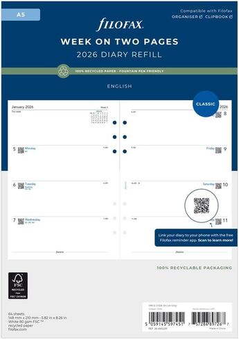 Filofax Calendar Diary Refill, A5 Size, Week-to-View, White Paper, Unruled, English, 2026 (C68522R-26) in Saudi Arabia