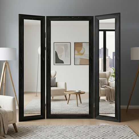 Houseables Trifold Mirror Full Length, 3 Way Mirror, Floor Length, Three Way Folding, Standing, Full Body, Wood Framed, 3 Sided for Bedroom, Makeup, Oversized, Foldable, Black, 71 x 32 to 65 Inch in Saudi Arabia